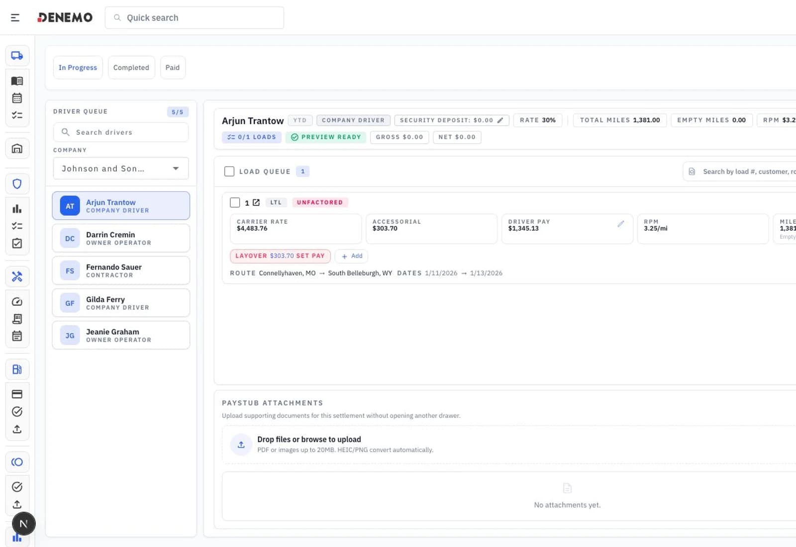 DENEMO driver pay workbench showing carrier rate, accessorials, driver pay, advances, and paystub attachments